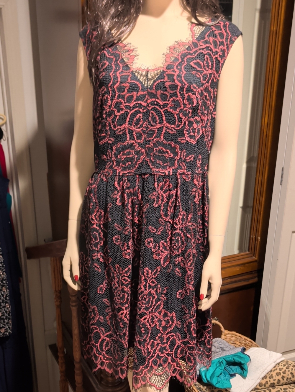 Adrianna Papell Black Dress with Pink Floral Lace Overlay